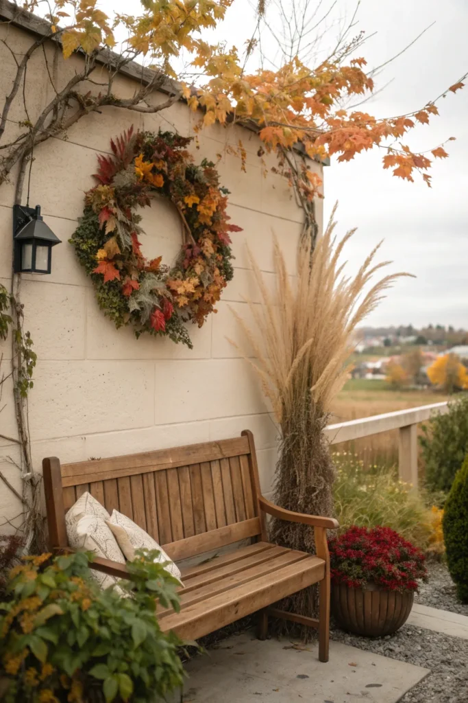 6 a wooden bench set against a wall with a lush