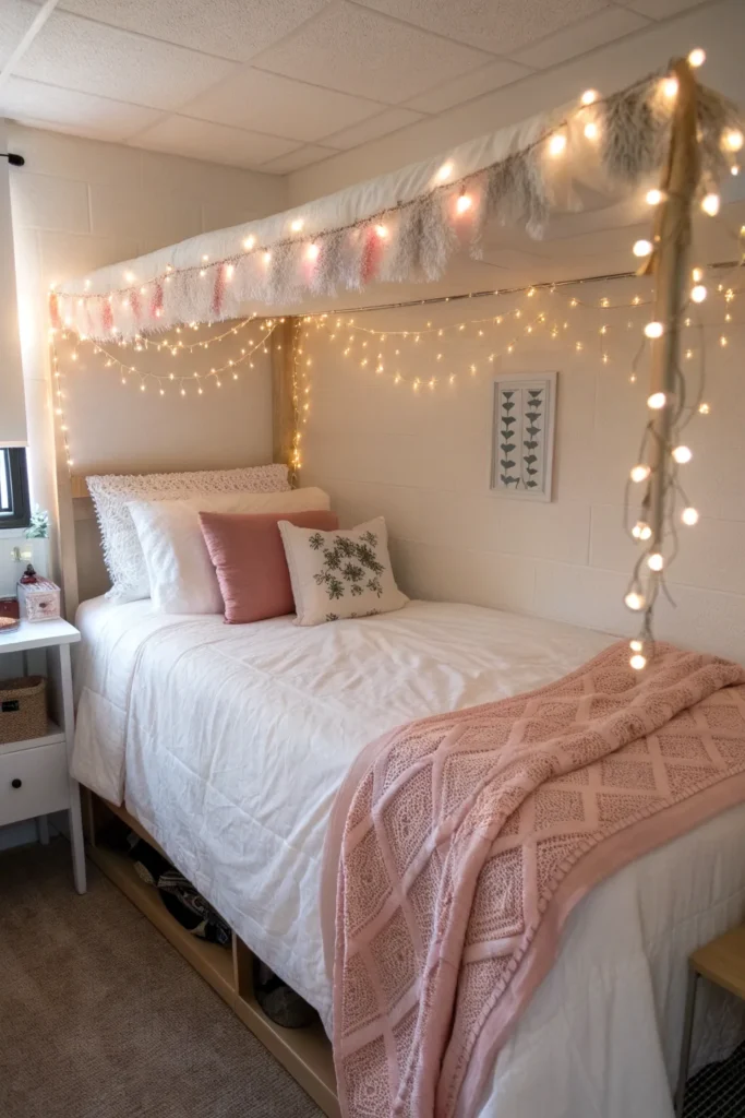 6 dorm bed styled with blush pink throw blanket