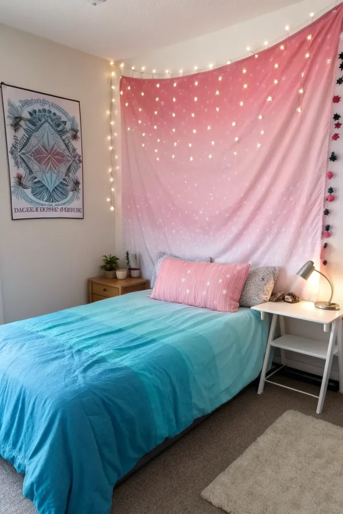 6 dorm bed with ombre pink to blue bedding ombr