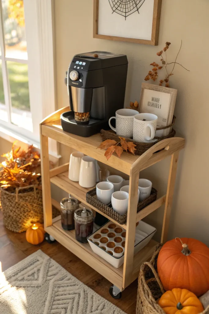 6 mini dorm coffee bar setup on a small wooden c