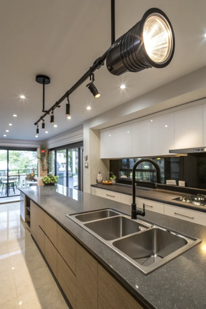 7 a contemporary kitchen with a long counter and