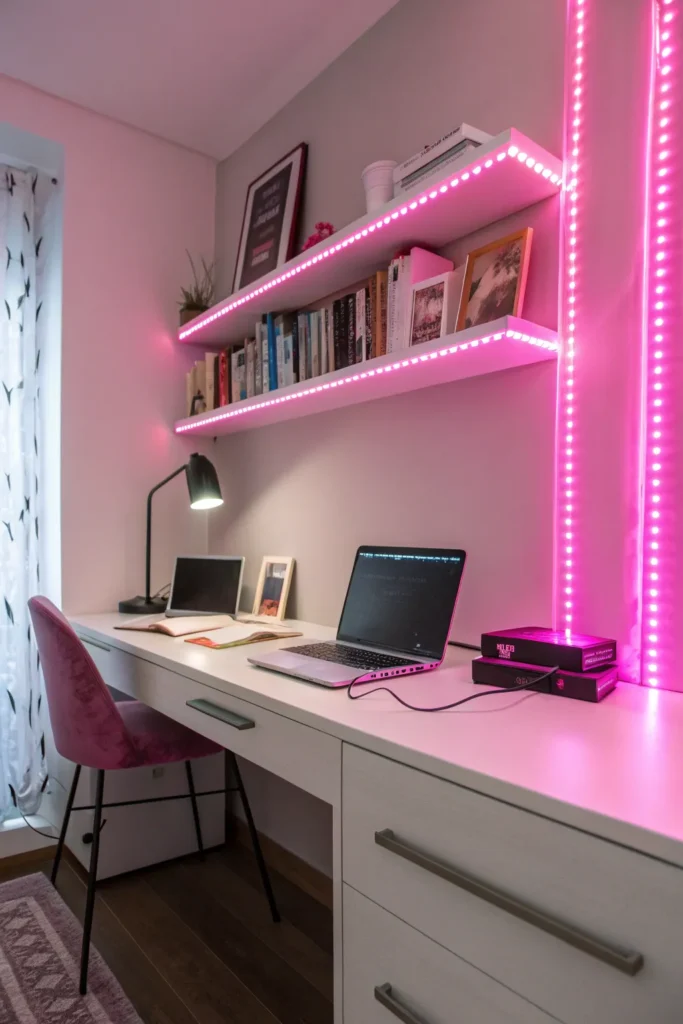 7 a desk and wall area adorned with flexible pin