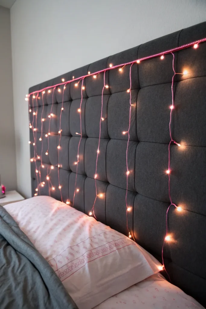 7 a dorm bed with a black upholstered headboard