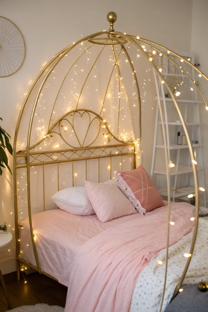 7 a dorm bed with a delicate gold wire canopy f