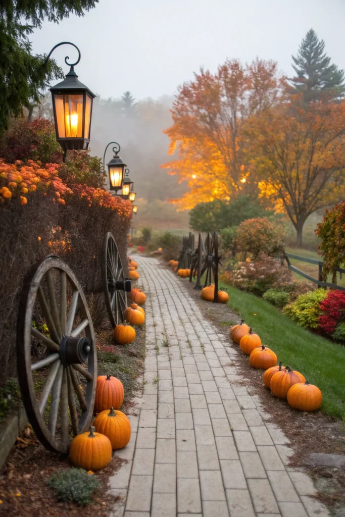 7 a garden pathway lined with wagon wheels place