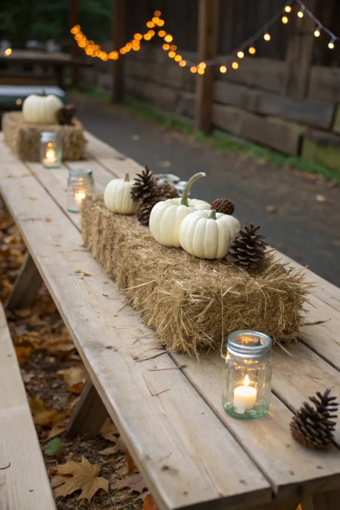 7 a long rustic wooden picnic table the center