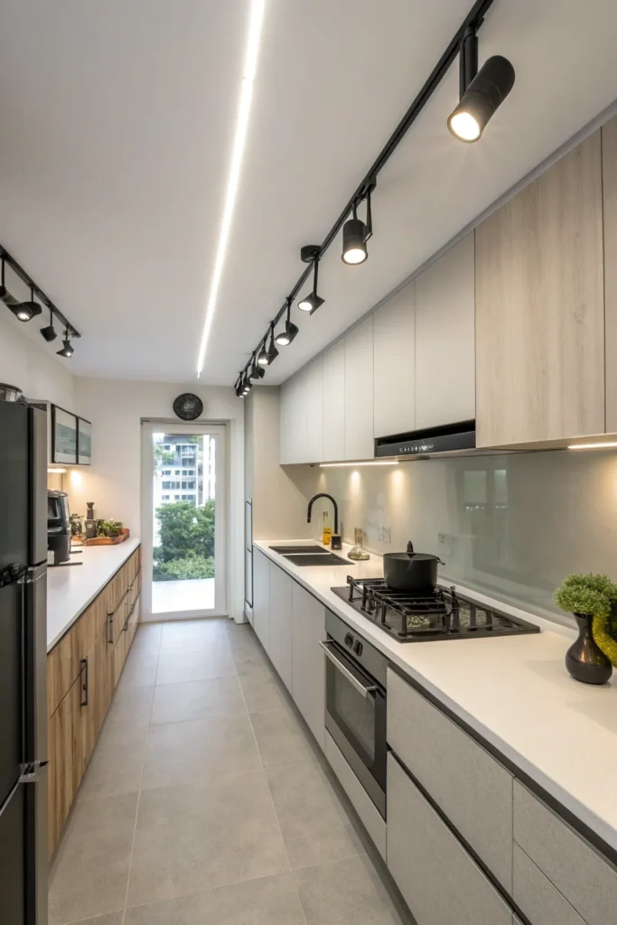 7 a modern galley kitchen a slim black track l