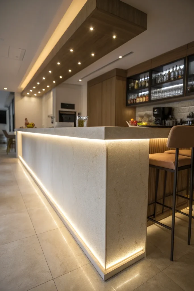 7 a modern kitchen bar with an overhanging count