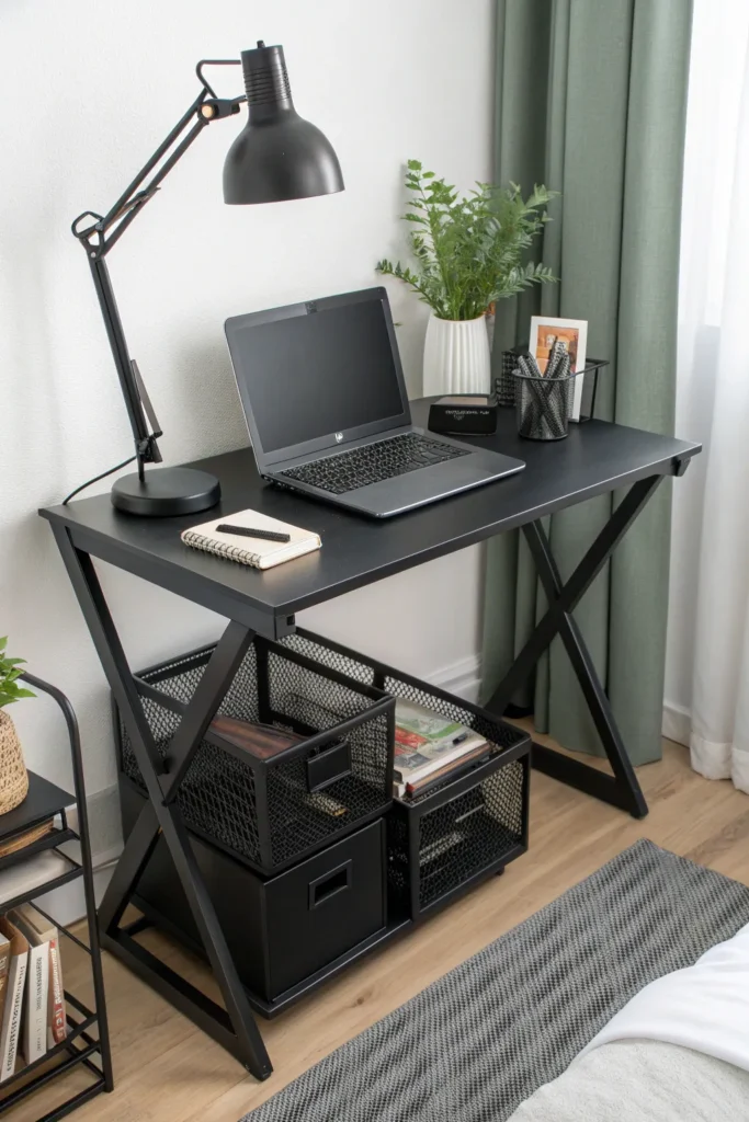 7 a monochrome black desk setup with black lamp