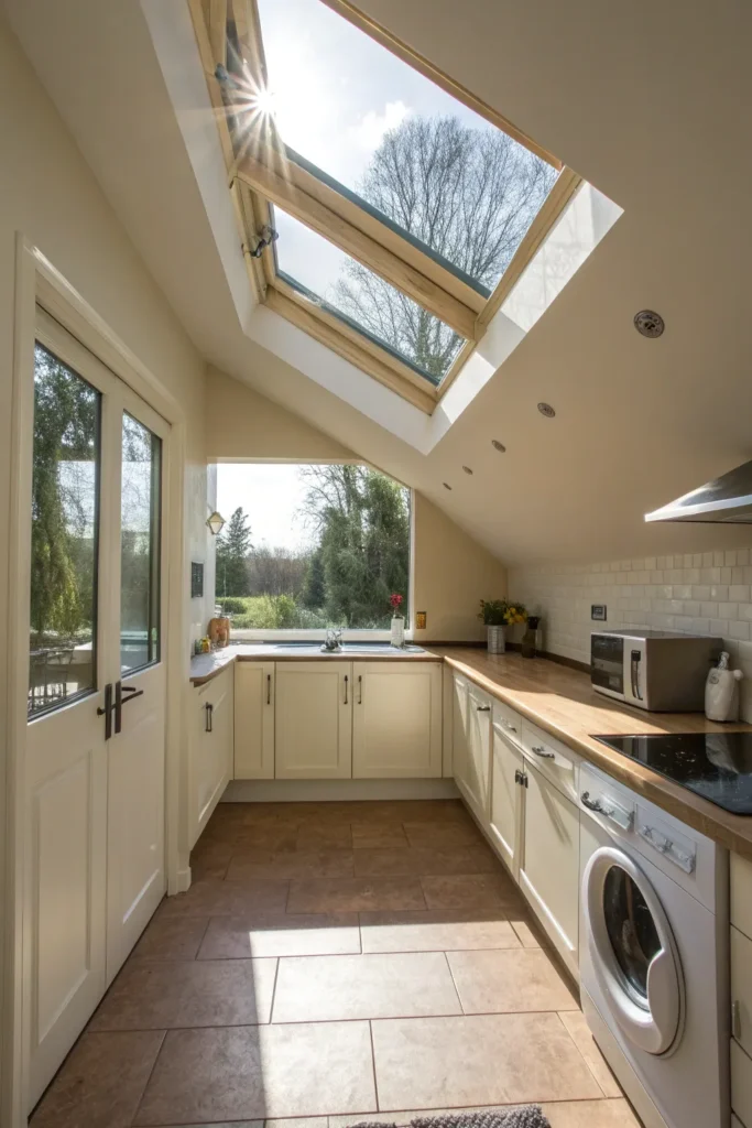 7 a small kitchen with a sloped ceiling a tubul