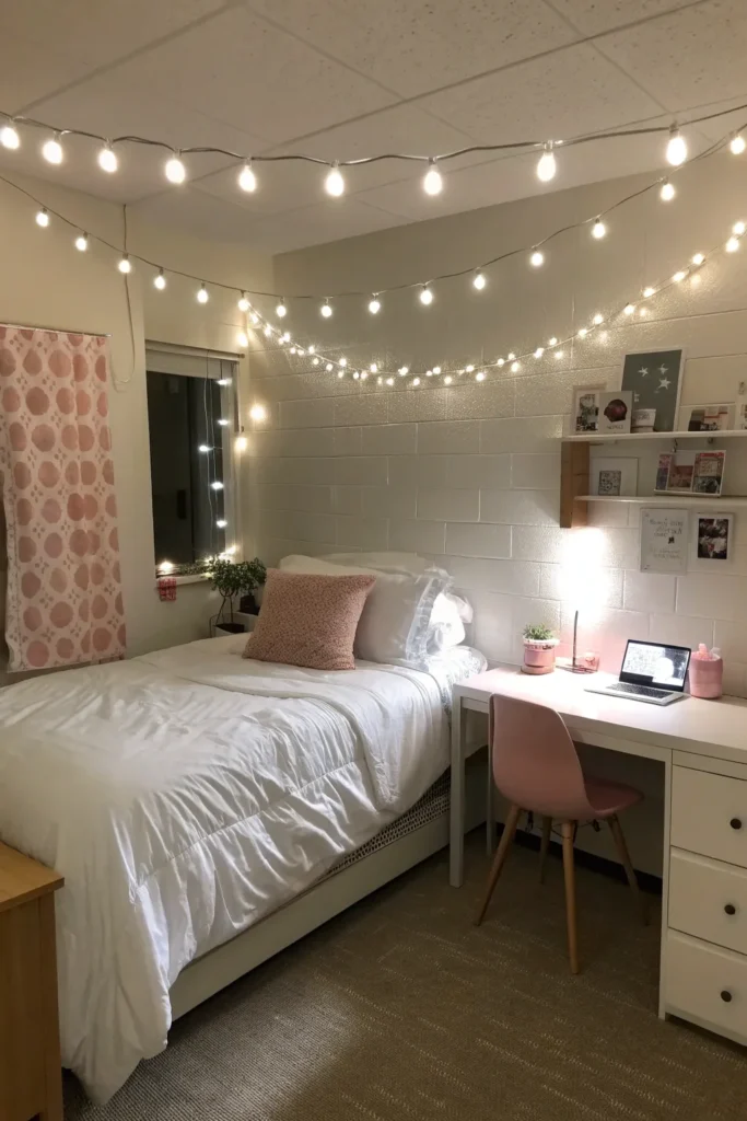 7 dorm room softly lit by white string lights ar