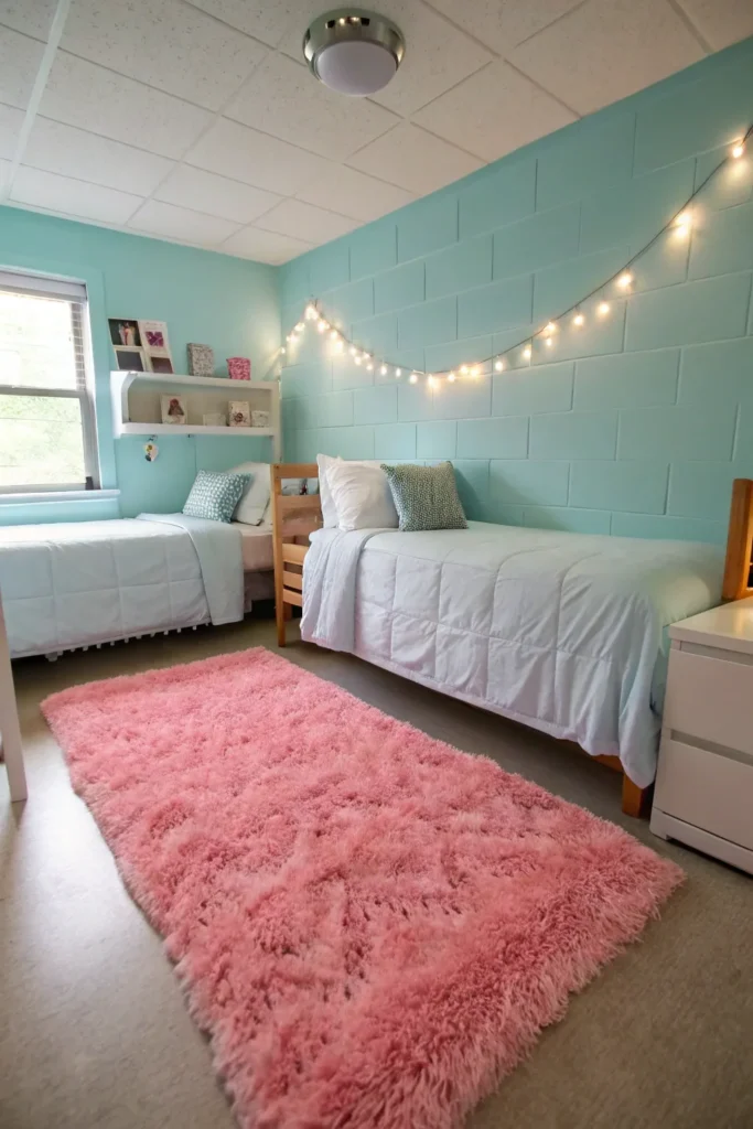 7 dorm walls painted in light blue with a large