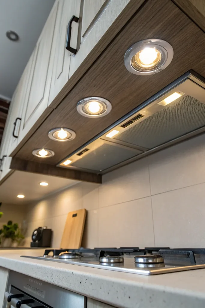 7 the underside of a kitchen cabinet fitted with