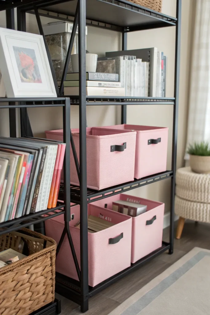 8 a black metal shelving unit organized with sty