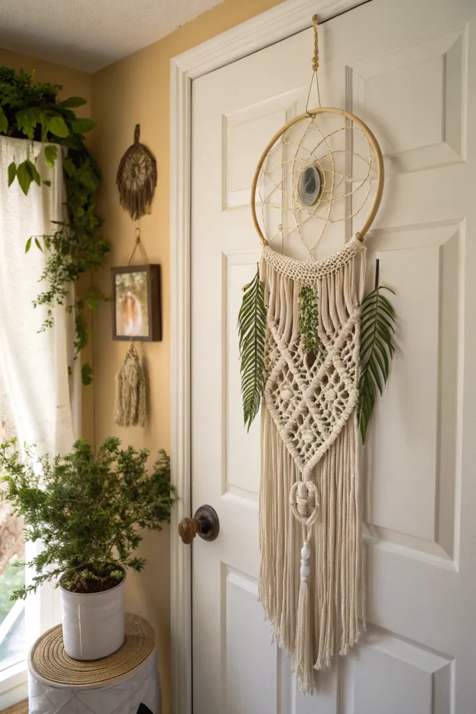 8 a bohemian themed door featuring a macram wal