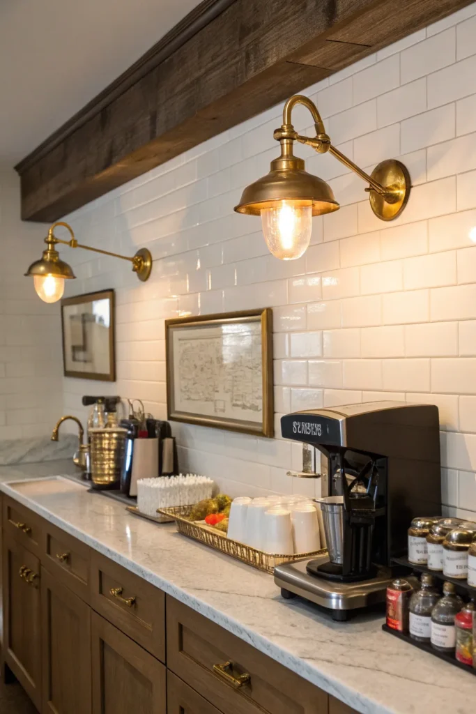8 a kitchen workspace with a low ceiling flanke