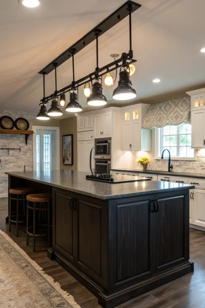 8 a large kitchen island with a dark countertop