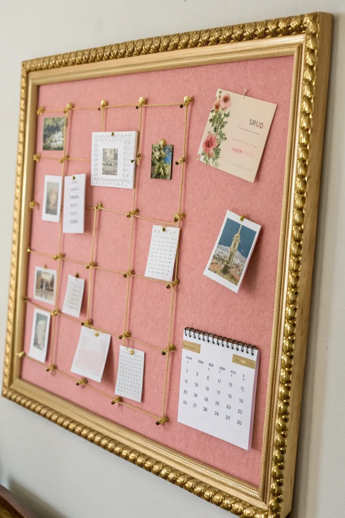 8 a rectangular bulletin board with a pink fabri