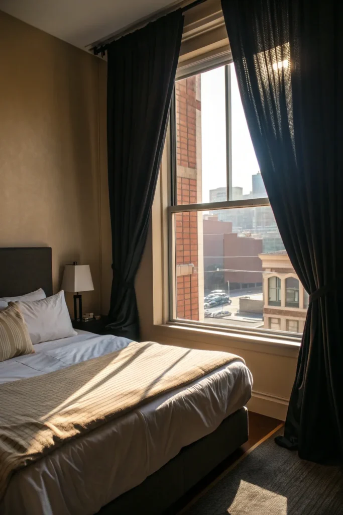 8 a small dorm window with floor length black cu