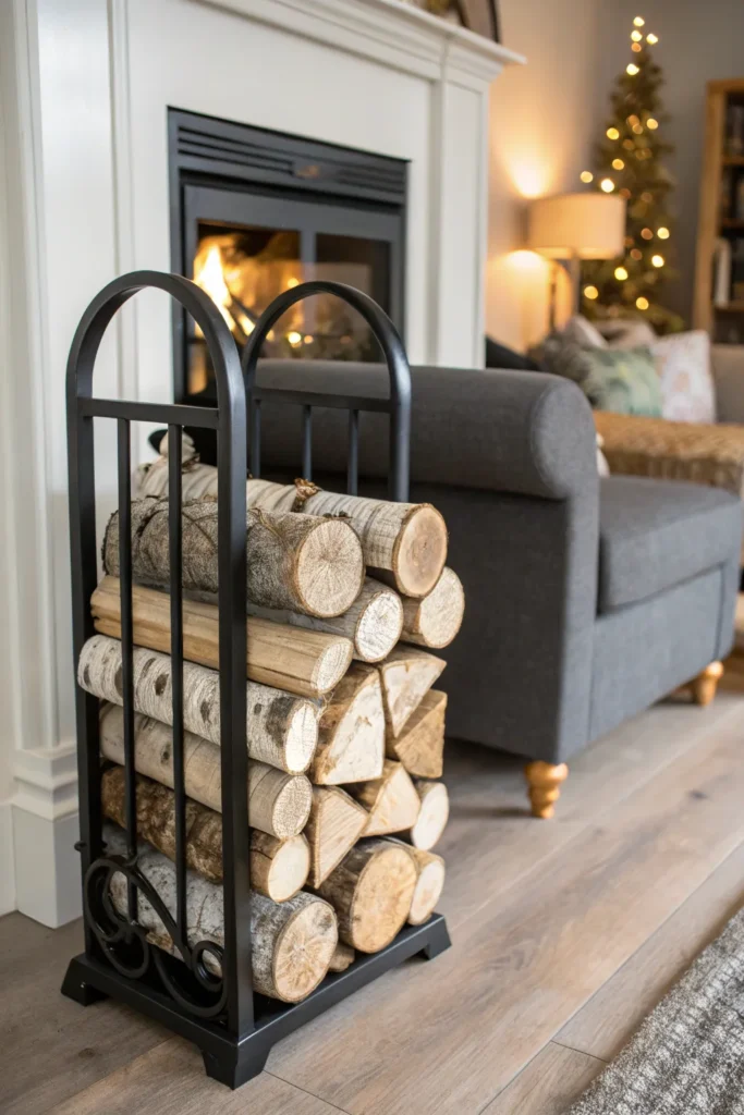 8 a stylish black metal log holder positioned n
