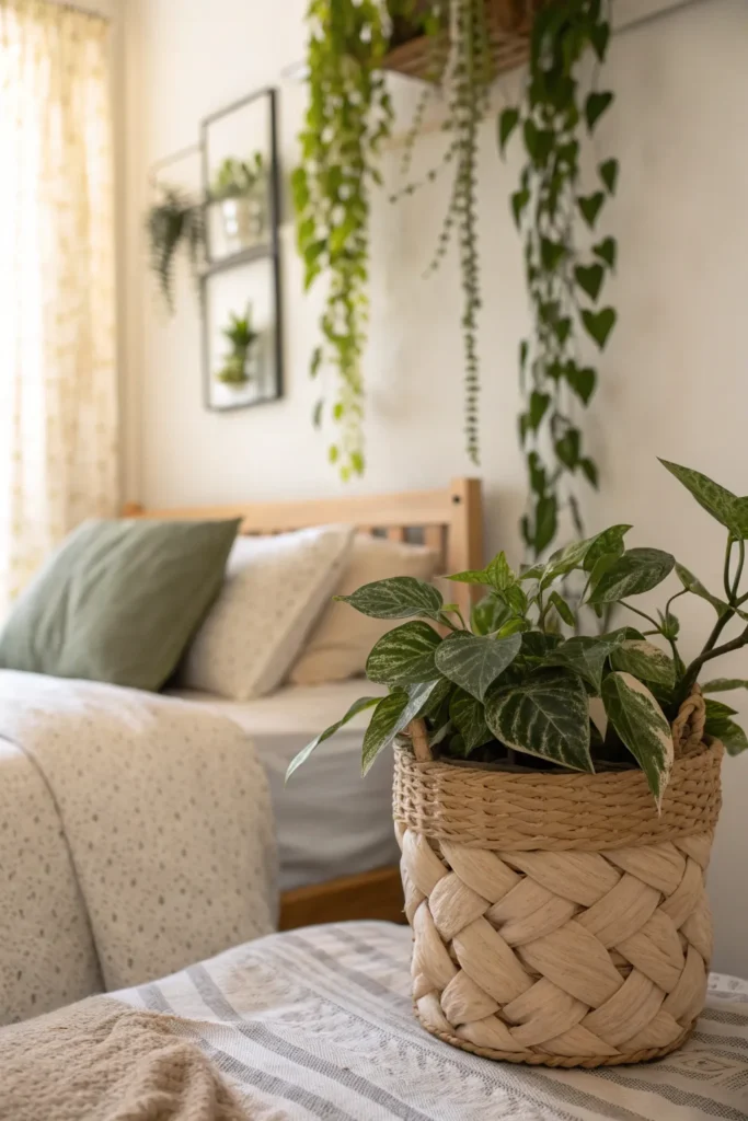 8 neutral dorm corner with faux potted plant in