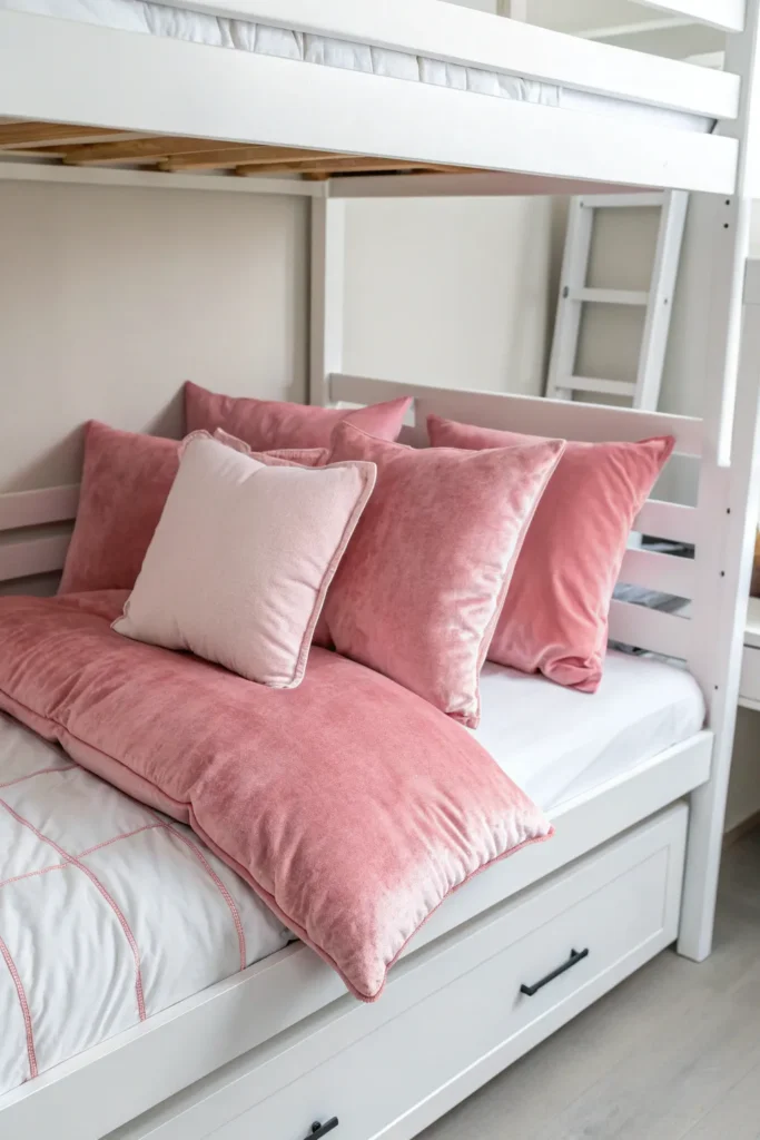 8 pink velvet throw pillows on a white dorm bed