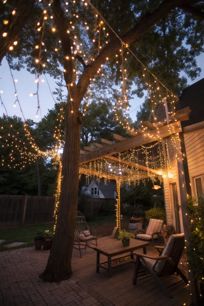 9 a backyard patio at dusk with delicate string