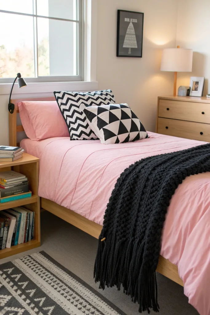 9 a bright and cheerful dorm bed with a pink duv