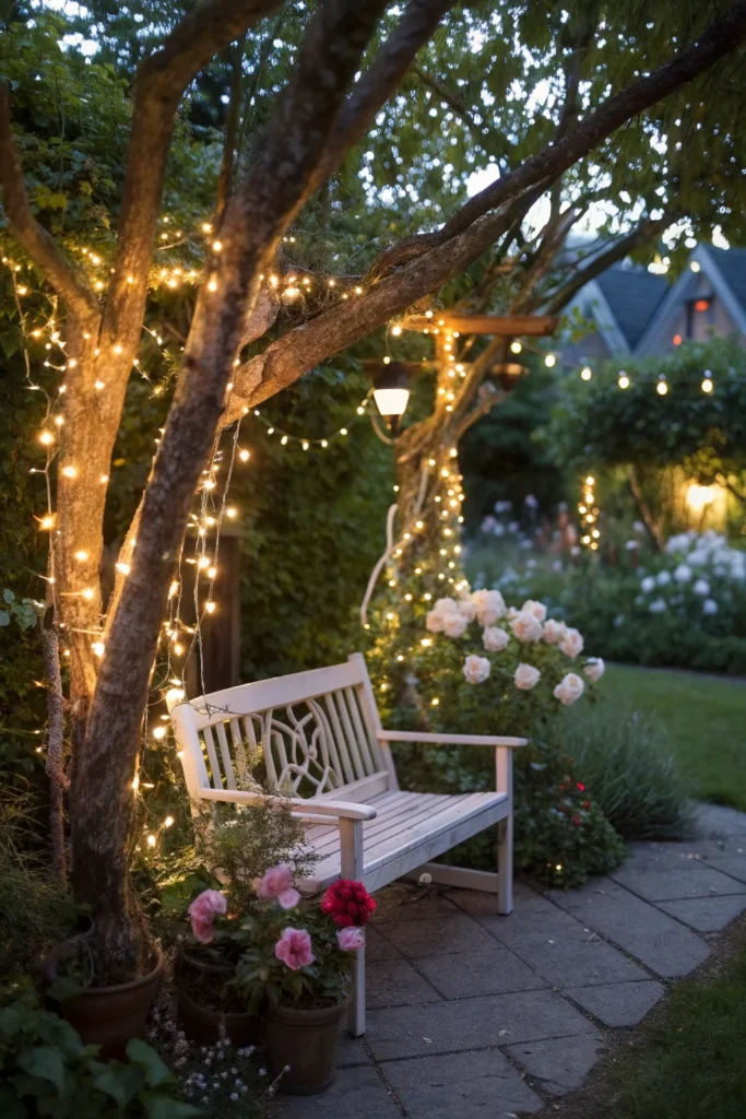 9 a charming bench in a garden nook at dusk del