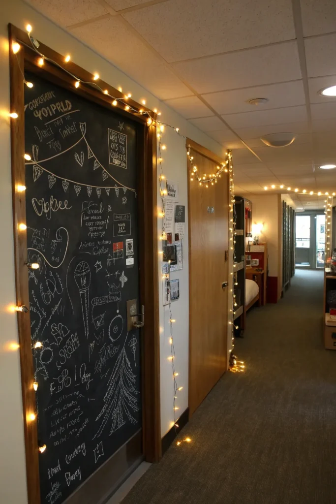 9 a decorated dorm door covered in black chalkbo