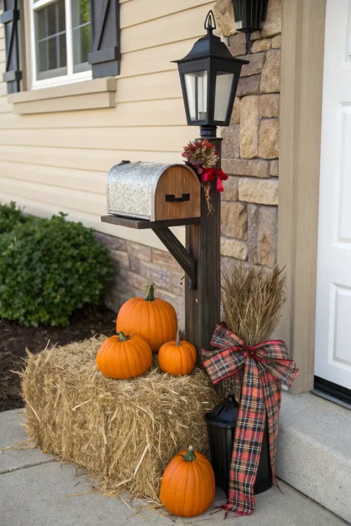 9 a decorative mailbox scene a single hay bale