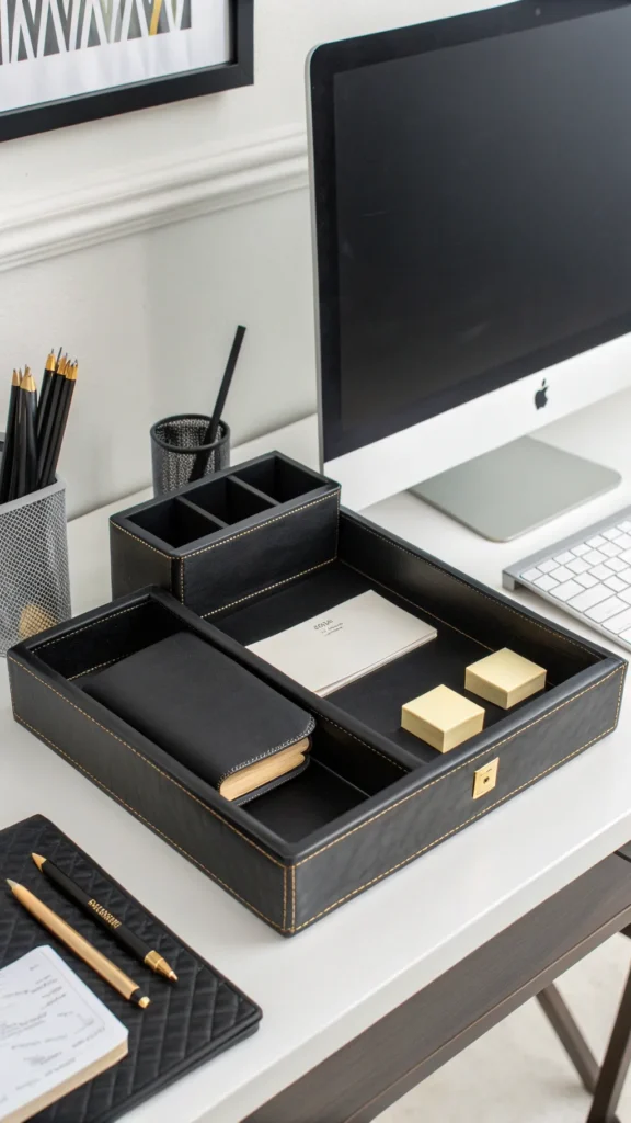 9 a highly organized and chic desk with a matchi