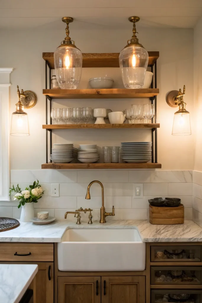 9 a kitchen with open shelving on either side of
