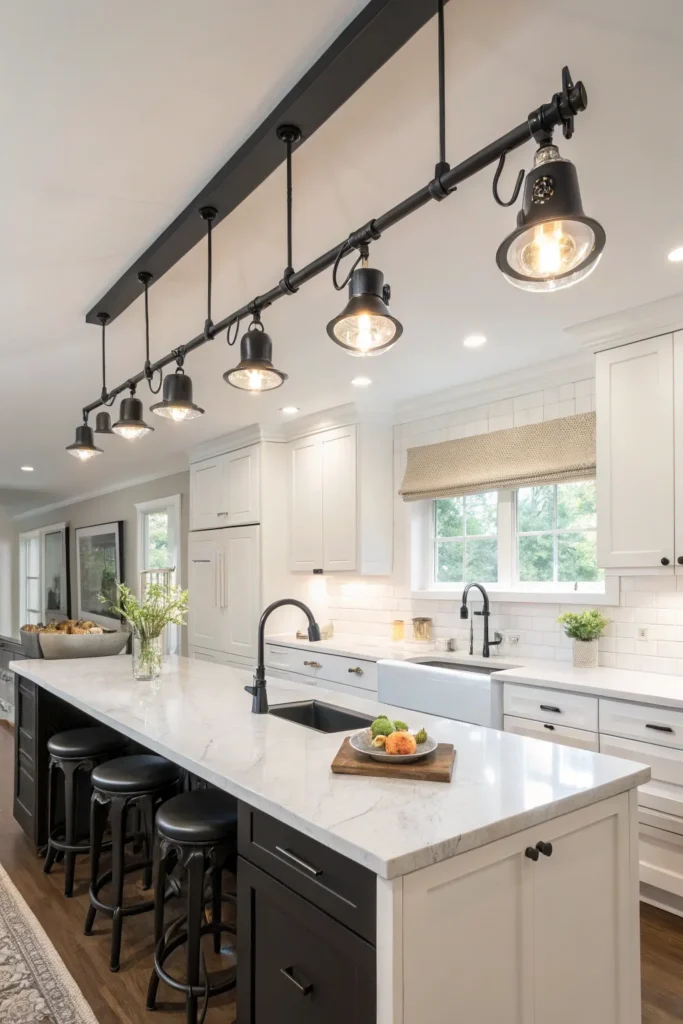 9 a modern kitchen with a sleek black track lig