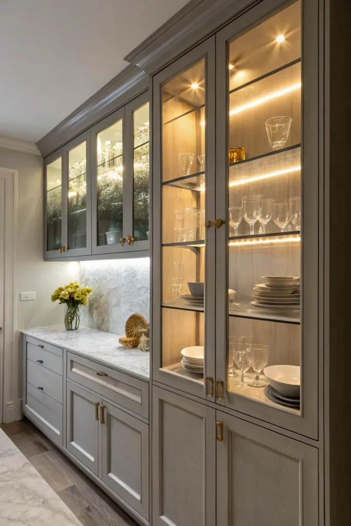 9 a modern kitchen with glass front upper cabine