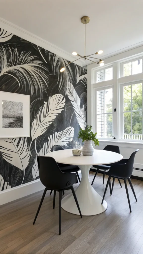 10 Dining Room Wallpaper Ideas That Make a Statement 9 a realistic modern dining room with a bold gra
