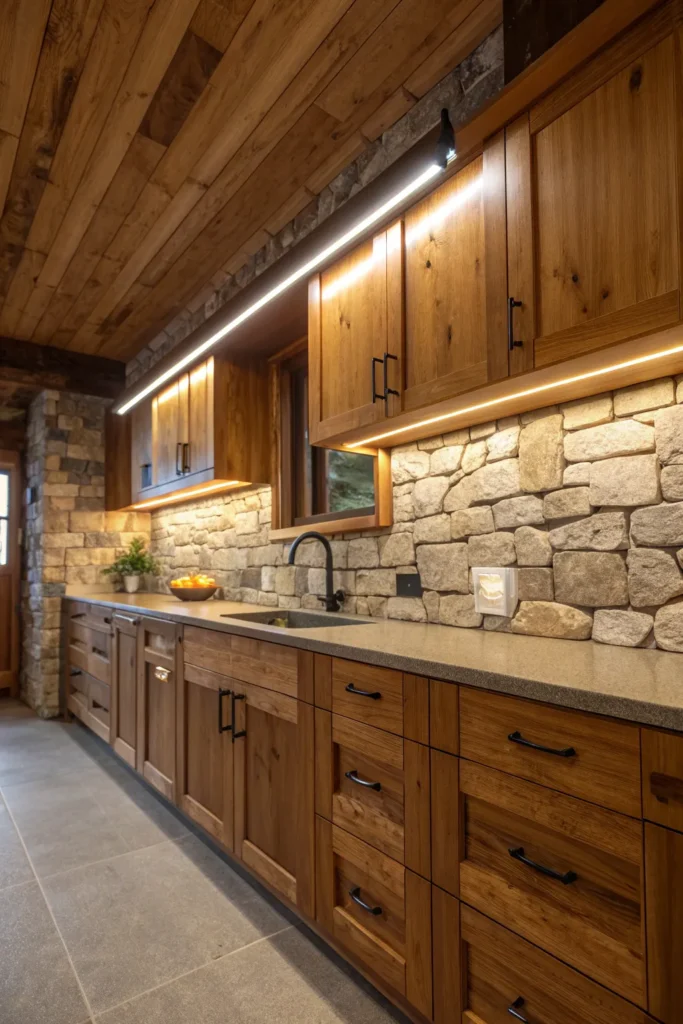9 a rustic kitchen with wooden cabinets and a st