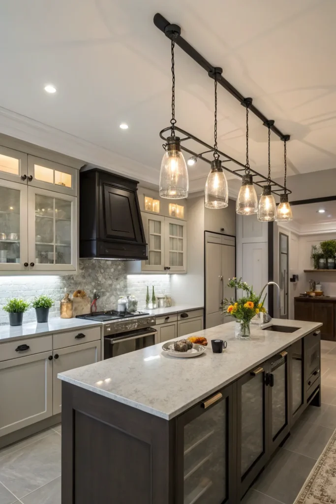 9 a stylish kitchen where a track system is comb