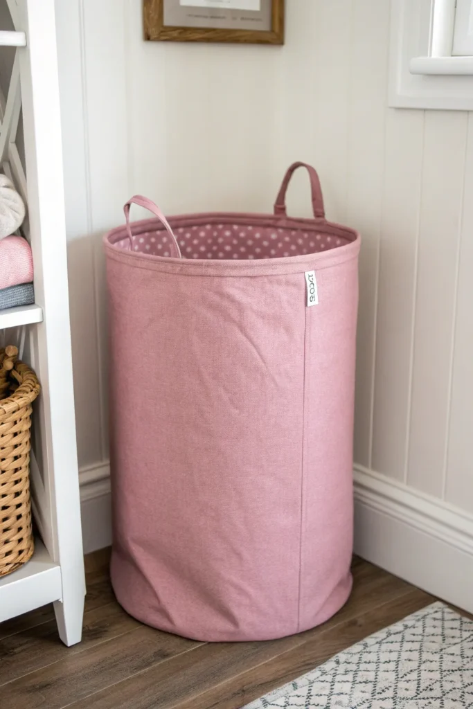 9 a stylish laundry hamper in a corner of the ro