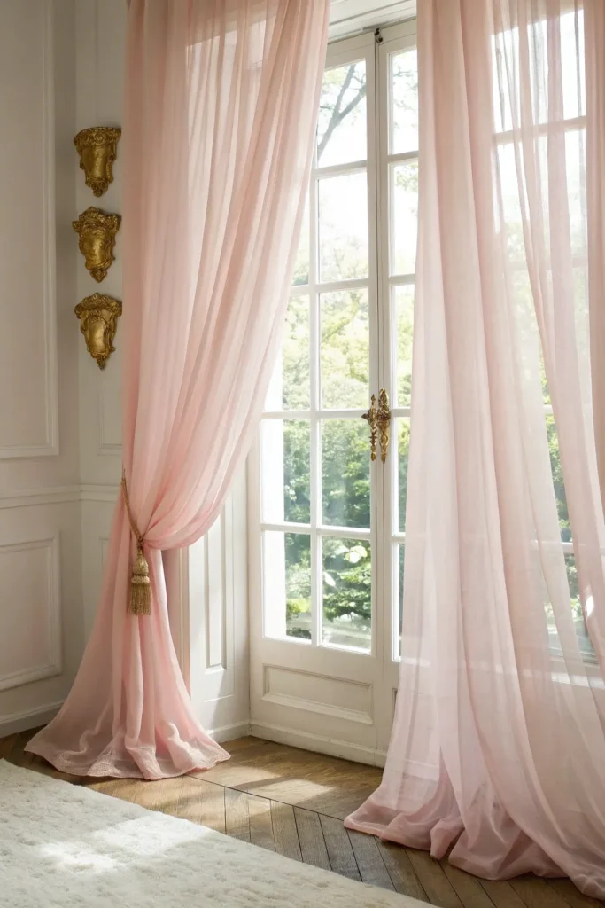 9 a window dressed with floor length curtains in