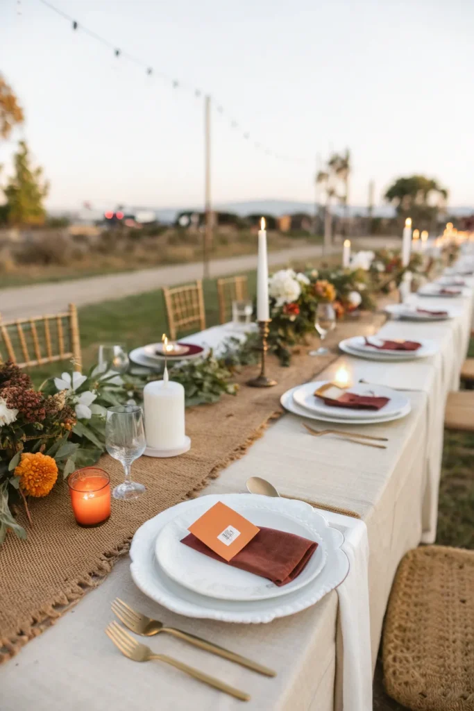 9 an elegantly set outdoor table with a burlap r