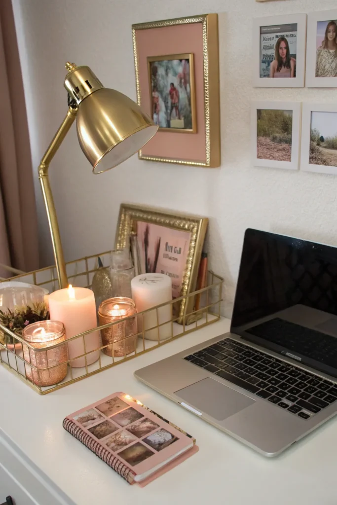 9 metallic accents dorm desk with rose gold orga