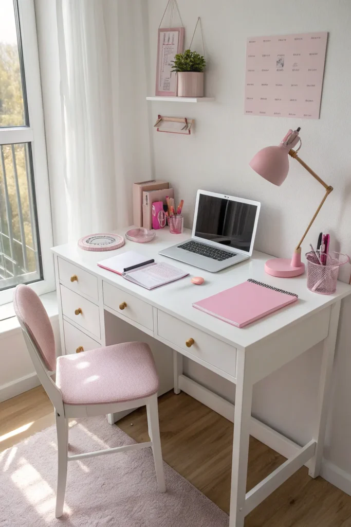 9 white dorm study desk with pink stationery ma